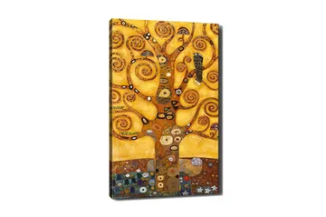 Canvastavla 70x100 cm - Ett stiliserat träd med snurriga grenar och en fågel, mot en gyllene bakgrund - Guld / Brun / Svart - Inredning - Tavlor & posters - Canvastavla