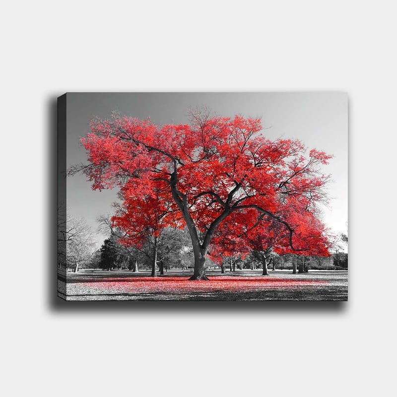 Canvastavla 70x100 cm - Ett stort rött träd i en svartvit parklandskap - Röd / Svart - Inredning - Tavlor & posters - Canvastavla
