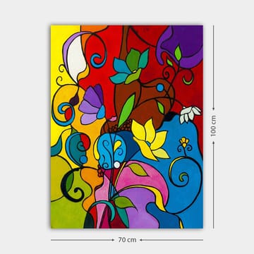 Canvastavla 70x100 cm - Färgglad abstrakt komposition med blommor och snirklar som skapar en livfull atmosfär - Röd / Blå / Gul - Inredning - Tavlor & posters - Canvastavla