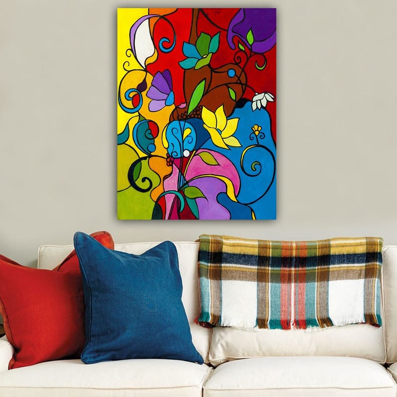 Canvastavla 70x100 cm - Färgglad abstrakt komposition med blommor och snirklar som skapar en livfull atmosfär - Röd / Blå / Gul - Inredning - Tavlor & posters - Canvastavla