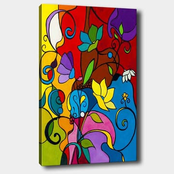 Canvastavla 70x100 cm - Färgglad abstrakt komposition med blommor och snirklar som skapar en livfull atmosfär - Röd / Blå / Gul - Inredning - Tavlor & posters - Canvastavla