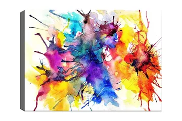 Canvastavla 70x100 cm - Färgglad abstrakt konst med sprutande akvarellfärger som skapar en dynamisk och livfull komposition - Blå / Röd / Gul - Inredning - Tavlor & posters - Canvastavla