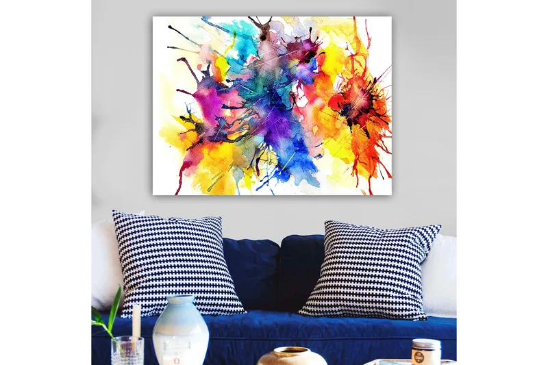 Canvastavla 70x100 cm - Färgglad abstrakt konst med sprutande akvarellfärger som skapar en dynamisk och livfull komposition - Blå / Röd / Gul - Inredning - Tavlor & posters - Canvastavla