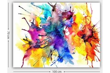 Canvastavla 70x100 cm - Färgglad abstrakt konst med sprutande akvarellfärger som skapar en dynamisk och livfull komposition - Blå / Röd / Gul - Inredning - Tavlor & posters - Canvastavla