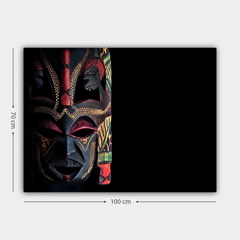 Canvastavla 70x100 cm - Färgglad afrikansk mask med detaljerade mönster och uttrycksfulla drag - Svart / Röd / Grön - Inredning - Tavlor & posters - Canvastavla