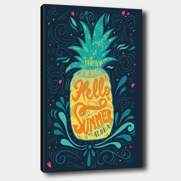 Canvastavla 70x100 cm - Färgglad ananas med texten Hello Summer som framhäver en tropisk känsla - Grön / Gul / Blå - Inredning - Tavlor & posters - Canvastavla