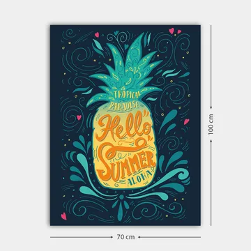 Canvastavla 70x100 cm - Färgglad ananas med texten Hello Summer som framhäver en tropisk känsla - Grön / Gul / Blå - Inredning - Tavlor & posters - Canvastavla
