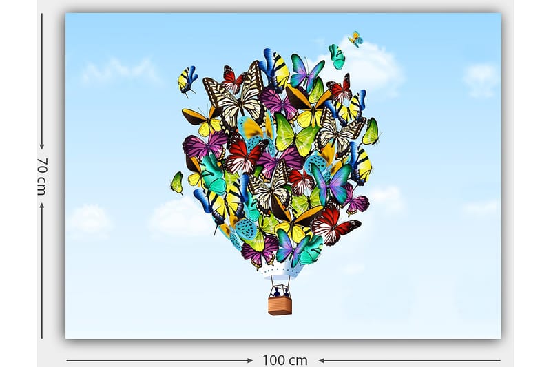 Canvastavla 70x100 cm - Färgglad ballong fylld med olika fjärilar som svävar mot en klar himmel - Grön / Blå / Gul - Inredning - Tavlor & posters - Canvastavla