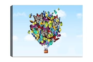 Canvastavla 70x100 cm - Färgglad ballong fylld med olika fjärilar som svävar mot en klar himmel - Grön / Blå / Gul - Inredning - Tavlor & posters - Canvastavla