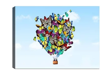 Canvastavla 70x100 cm - Färgglad ballong fylld med olika fjärilar som svävar mot en klar himmel - Grön / Blå / Gul - Inredning - Tavlor & posters - Canvastavla