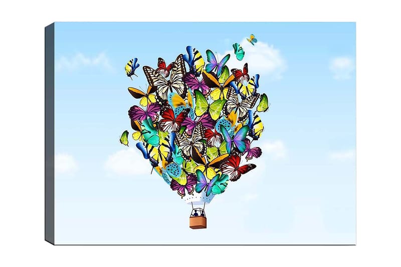 Canvastavla 70x100 cm - Färgglad ballong fylld med olika fjärilar som svävar mot en klar himmel, Grön / Blå / Gul