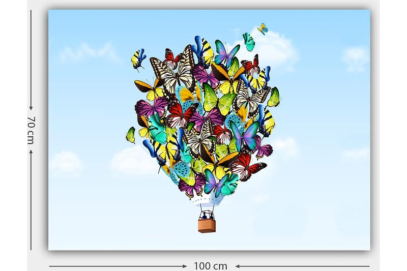 Canvastavla 70x100 cm - Färgglad ballong fylld med olika fjärilar som svävar mot en klar himmel - Grön / Blå / Gul - Inredning - Tavlor & posters - Canvastavla