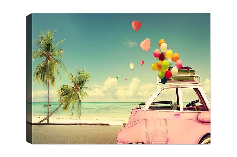 Canvastavla 70x100 cm - Färgglad bil med ballonger på taket, omgiven av palmer och hav, som ger en känsla av sommar och glädje - Rosa / Grönt / Gult - Inredning - Tavlor & posters - Canvastavla