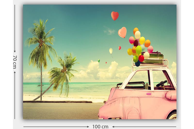 Canvastavla 70x100 cm - Färgglad bil med ballonger på taket, omgiven av palmer och hav, som ger en känsla av sommar och glädje - Rosa / Grönt / Gult - Inredning - Tavlor & posters - Canvastavla