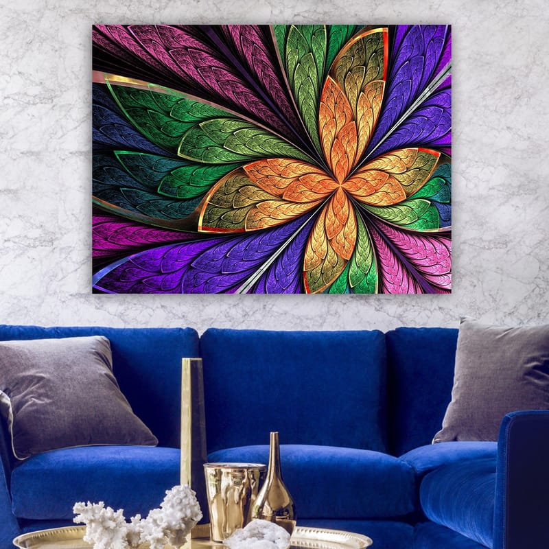 Canvastavla 70x100 cm - Färgglad blomma med detaljerade blad i olika nyanser - Grön / Orange / Lila - Inredning - Tavlor & posters - Canvastavla