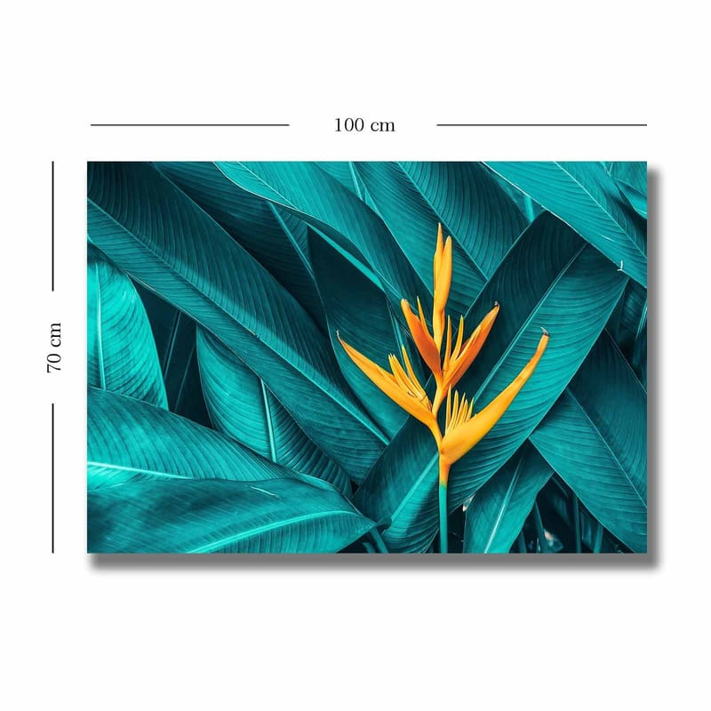 Canvastavla 70x100 cm - Färgglad blomma omgiven av stora, gröna blad - Turkos / Gul - Inredning - Tavlor & posters - Canvastavla