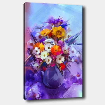 Canvastavla 70x100 cm - Färgglad blomsterbukett i en vas - Lila / Orange / Vit - Inredning - Tavlor & posters - Canvastavla