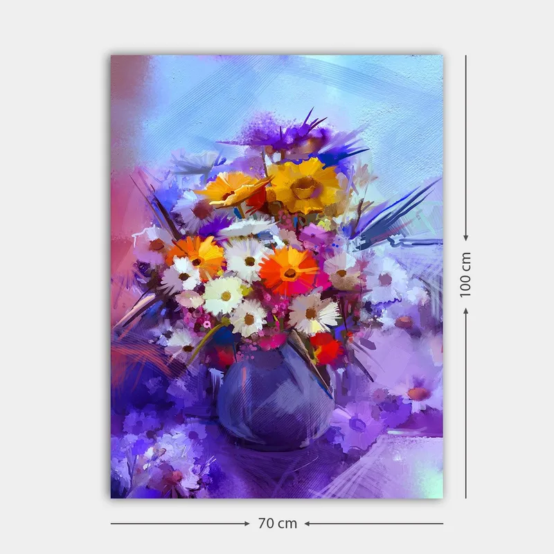 Canvastavla 70x100 cm - Färgglad blomsterbukett i en vas - Lila / Orange / Vit - Inredning - Tavlor & posters - Canvastavla