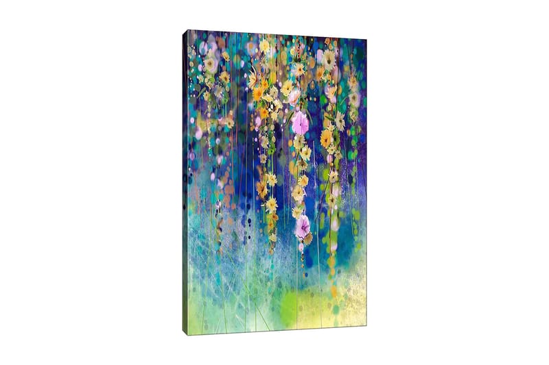 Canvastavla 70x100 cm - Färgglad blomsterkomposition med hängande blommor i olika nyanser - Gult / Lila / Grönt - Inredning - Tavlor & posters - Canvastavla