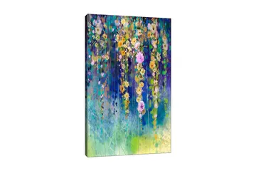 Canvastavla 70x100 cm - Färgglad blomsterkomposition med hängande blommor i olika nyanser - Gult / Lila / Grönt - Inredning - Tavlor & posters - Canvastavla