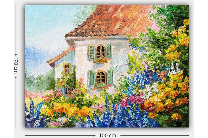 Canvastavla 70x100 cm - Färgglad blomsterträdgård framför ett charmigt hus med fönsterluckor - Gult / Blått / Grönt - Inredning - Tavlor & posters - Canvastavla