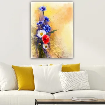 Canvastavla 70x100 cm - Färgglad bukett med blå och röda blommor mot en mjuk, varm bakgrund - Blå / Röd / Vit - Inredning - Tavlor & posters - Canvastavla