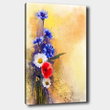 Canvastavla 70x100 cm - Färgglad bukett med blå och röda blommor mot en mjuk, varm bakgrund - Blå / Röd / Vit - Inredning - Tavlor & posters - Canvastavla