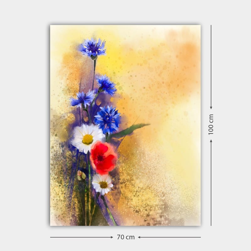 Canvastavla 70x100 cm - Färgglad bukett med blå och röda blommor mot en mjuk, varm bakgrund - Blå / Röd / Vit - Inredning - Tavlor & posters - Canvastavla