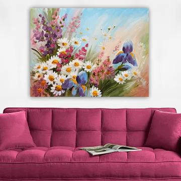 Canvastavla 70x100 cm - Färgglad bukett med blommor, inklusive iris och prästkragar, som fångar en livlig sommarkänsla - Lila / Vit / Grön - Inredning - Tavlor & posters - Canvastavla