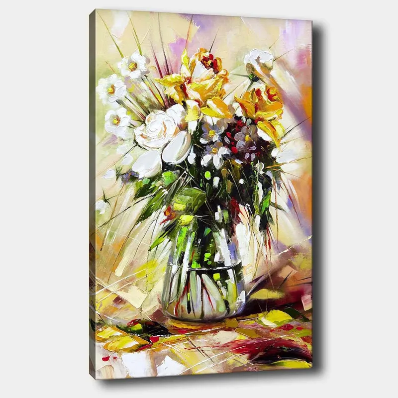 Canvastavla 70x100 cm - Färgglad bukett med blommor i en glasvas - Gult / Vitt / Grönt - Inredning - Tavlor & posters - Canvastavla