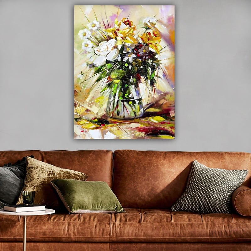 Canvastavla 70x100 cm - Färgglad bukett med blommor i en glasvas - Gult / Vitt / Grönt - Inredning - Tavlor & posters - Canvastavla