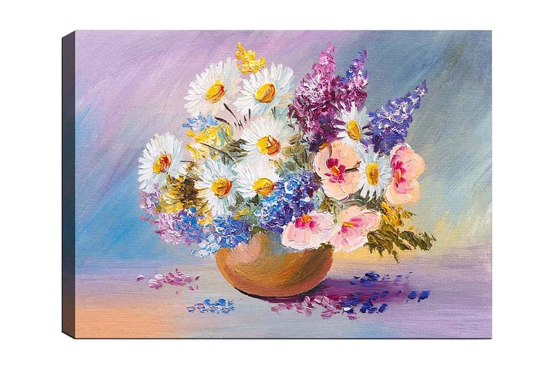 Canvastavla 70x100 cm - Färgglad bukett med blommor i en keramikskål, Vit / Lila / Rosa