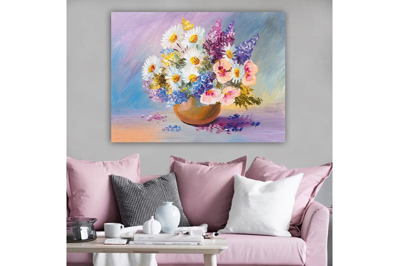 Canvastavla 70x100 cm - Färgglad bukett med blommor i en keramikskål - Vit / Lila / Rosa - Inredning - Tavlor & posters - Canvastavla