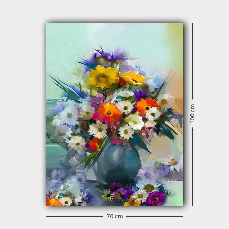Canvastavla 70x100 cm - Färgglad bukett med blommor i en vas - Gul / Orange / Lila - Inredning - Tavlor & posters - Canvastavla