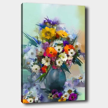 Canvastavla 70x100 cm - Färgglad bukett med blommor i en vas - Gul / Orange / Lila - Inredning - Tavlor & posters - Canvastavla