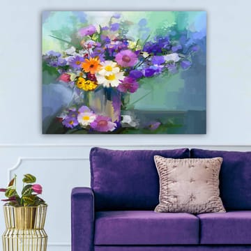 Canvastavla 70x100 cm - Färgglad bukett med blommor i en vas - Lila / Gul / Vit - Inredning - Tavlor & posters - Canvastavla