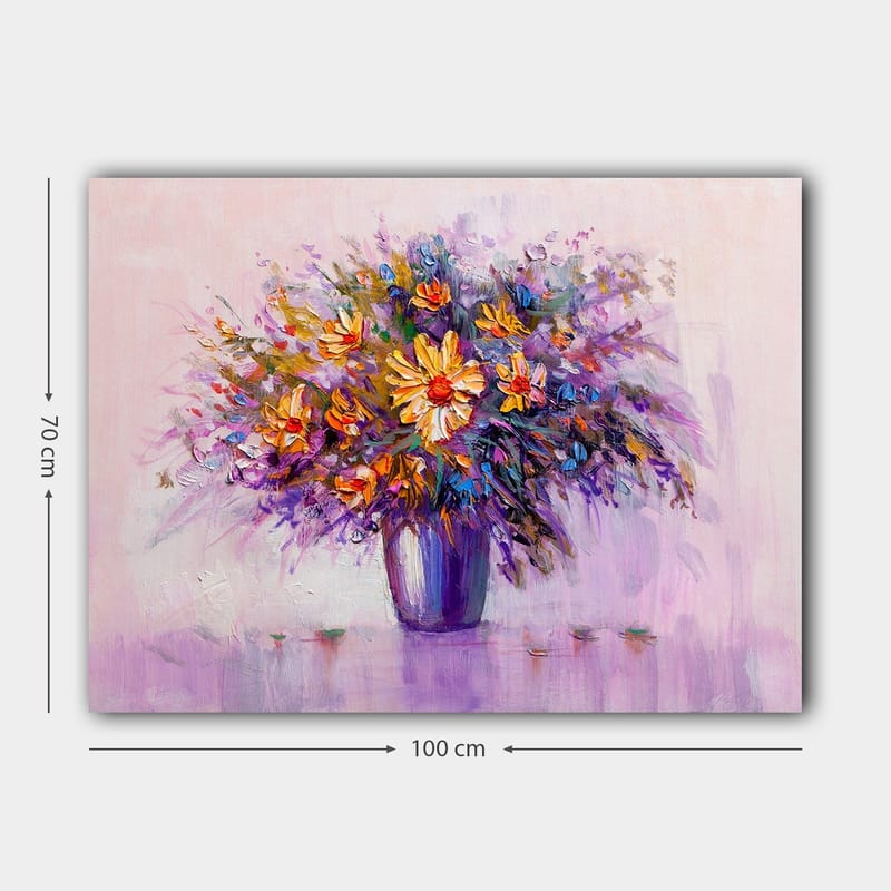 Canvastavla 70x100 cm - Färgglad bukett med blommor i en vas - Lila / Orange / Gul - Inredning - Tavlor & posters - Canvastavla