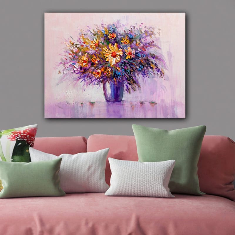 Canvastavla 70x100 cm - Färgglad bukett med blommor i en vas - Lila / Orange / Gul - Inredning - Tavlor & posters - Canvastavla