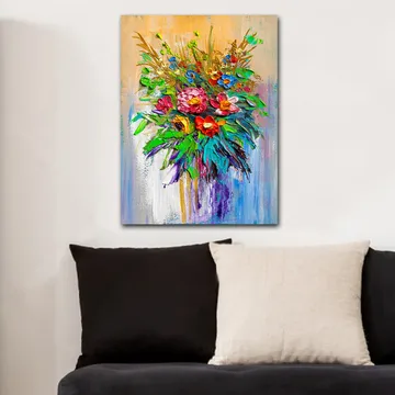 Canvastavla 70x100 cm - Färgglad bukett med blommor i olika former och nyanser - Grön / Röd / Lila - Inredning - Tavlor & posters - Canvastavla