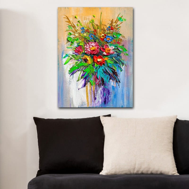 Canvastavla 70x100 cm - Färgglad bukett med blommor i olika former och nyanser - Grön / Röd / Lila - Inredning - Tavlor & posters - Canvastavla