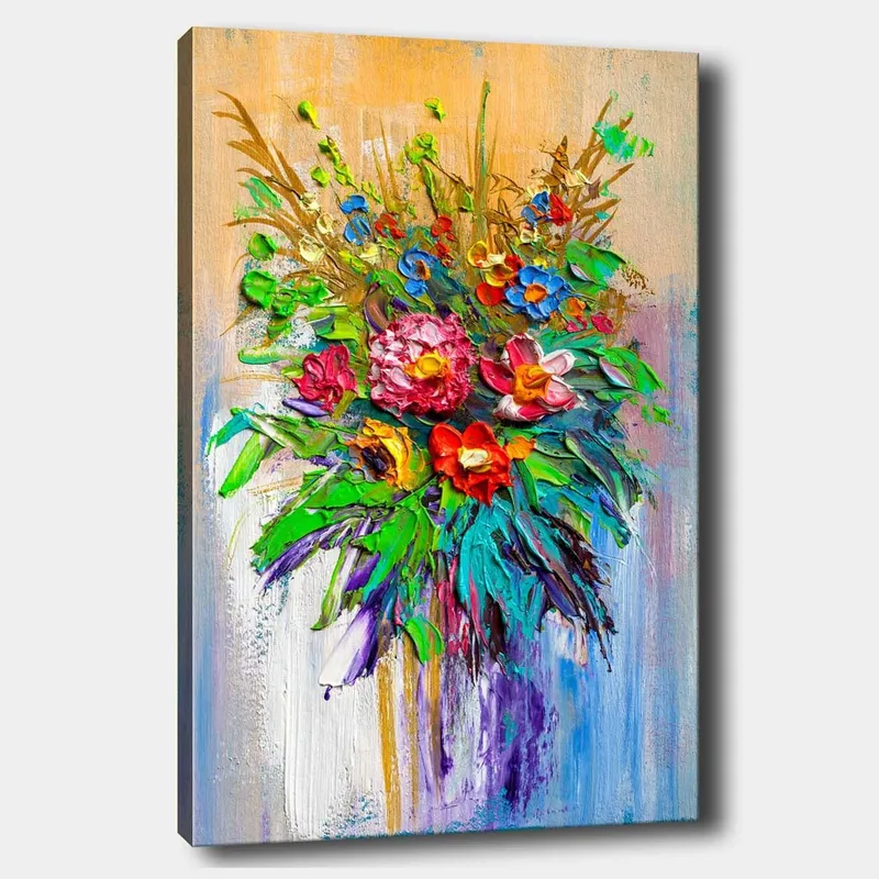 Canvastavla 70x100 cm - Färgglad bukett med blommor i olika former och nyanser, Grön / Röd / Lila