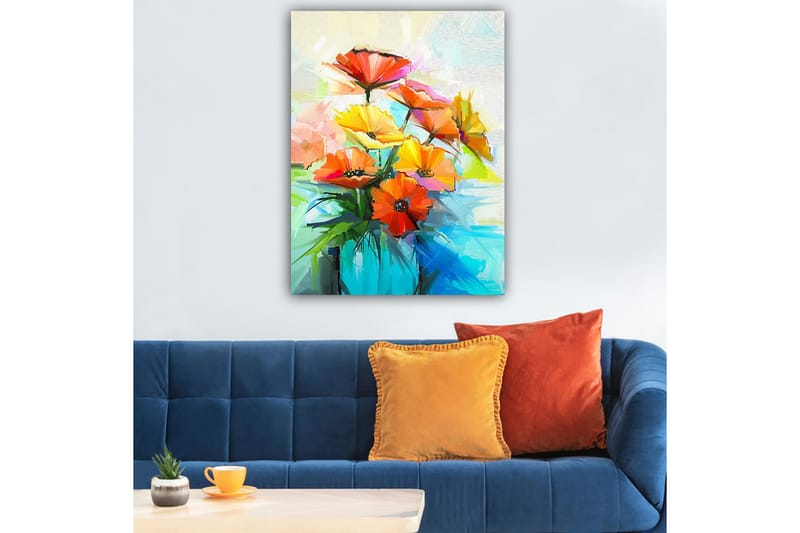 Canvastavla 70x100 cm - Färgglad bukett med blommor i olika nyanser av orange och gult - Orange / Gult / Grönt - Inredning - Tavlor & posters - Canvastavla