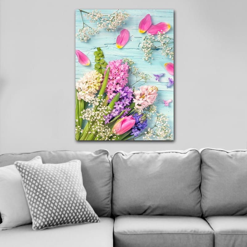 Canvastavla 70x100 cm - Färgglad bukett med tulpaner och hyacinter i olika nyanser - Rosa / Lila / Grön - Inredning - Tavlor & posters - Canvastavla