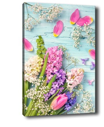 Canvastavla 70x100 cm - Färgglad bukett med tulpaner och hyacinter i olika nyanser - Rosa / Lila / Grön - Inredning - Tavlor & posters - Canvastavla