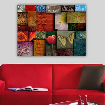 Canvastavla 70x100 cm - Färgglad collage av olika motiv inklusive blommor, djur och abstrakta mönster - Röd / Orange / Grön - Inredning - Tavlor & posters - Canvastavla