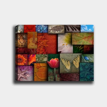 Canvastavla 70x100 cm - Färgglad collage av olika motiv inklusive blommor, djur och abstrakta mönster - Röd / Orange / Grön - Inredning - Tavlor & posters - Canvastavla