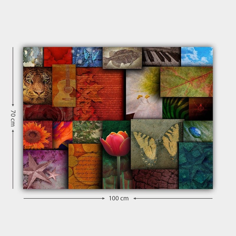 Canvastavla 70x100 cm - Färgglad collage av olika motiv inklusive blommor, djur och abstrakta mönster - Röd / Orange / Grön - Inredning - Tavlor & posters - Canvastavla