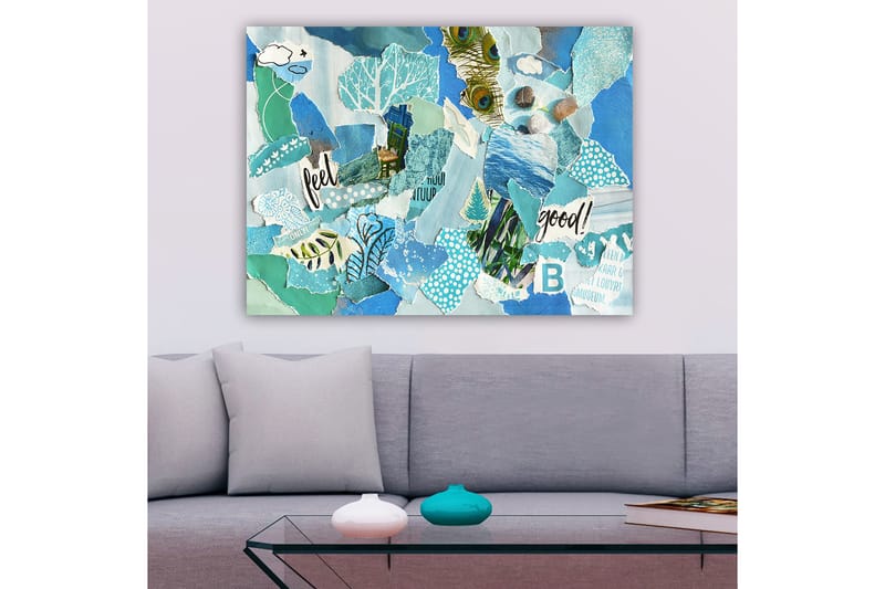 Canvastavla 70x100 cm - Färgglad collage med inslag av natur och positiva budskap - Blå / Grön / Turkos - Inredning - Tavlor & posters - Canvastavla