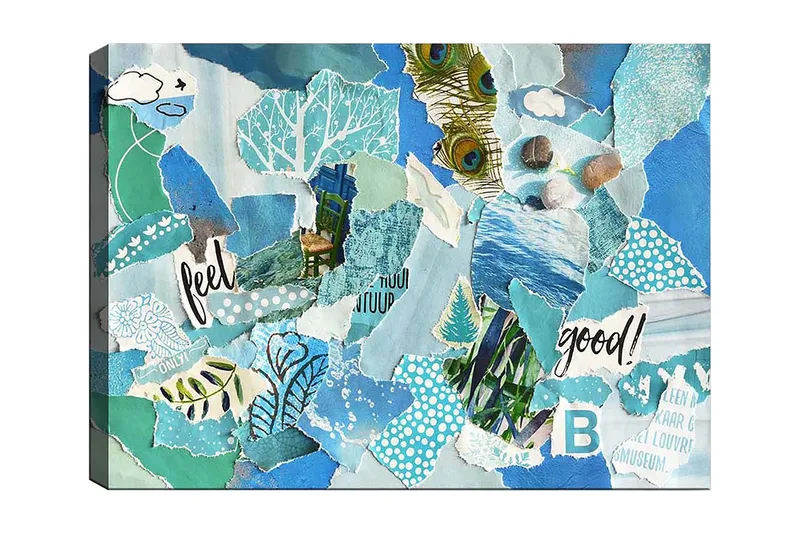 Canvastavla 70x100 cm - Färgglad collage med inslag av natur och positiva budskap, Blå / Grön / Turkos