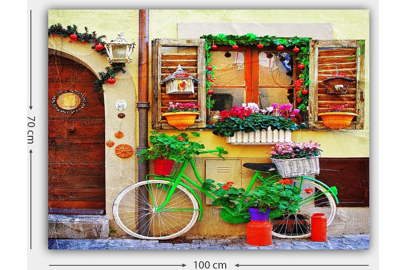 Canvastavla 70x100 cm - Färgglad cykel prydd med blommor och krukor framför en charmig vägg med fönster och dekorationer - Grön / Rosa / Orange - Inredning - Tavlor & posters - Canvastavla